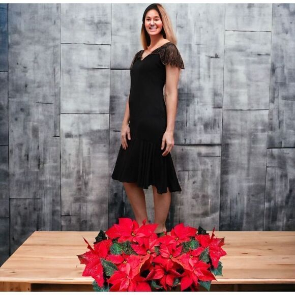 roger milot Dresses & Skirts - Vintage 60s Black Dress Elegant Beaded Collar Shoulder Drop Waist